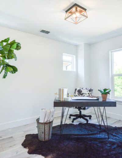 Modern office with a black desk, cowhide rug, and potted plant near a window. Walls are white with a geometric ceiling light fixture.